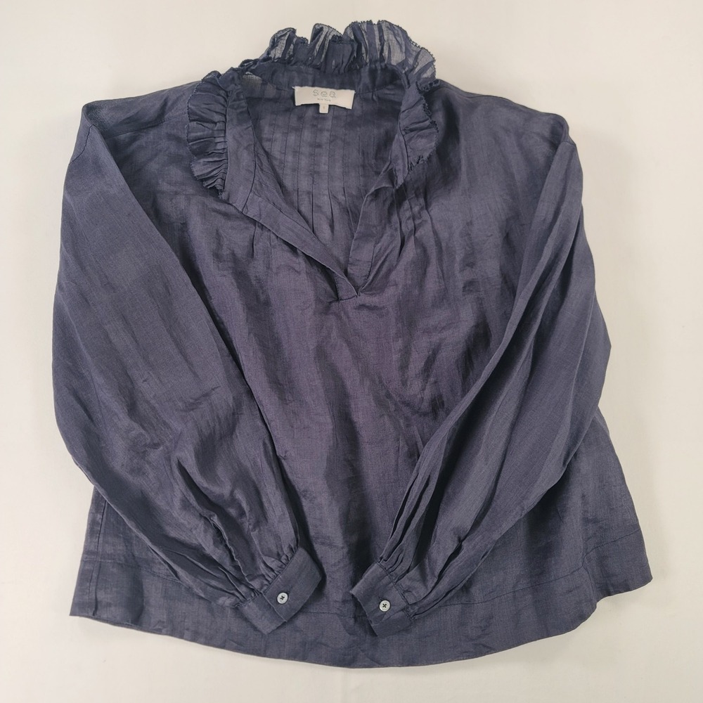 SEA New York Ramie‎ Ruffle Blouse Top Dark Navy Size 6 Long Sleeve Boho